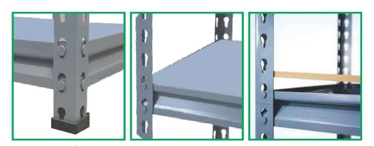 Boltless rack shelf and upright connection detail