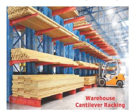 Cantilever racking holding timber in a warehouse, served by a forklift