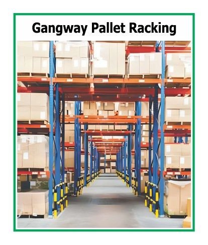 A spacious warehouse with tall shelves filled with various boxes and pallets. A yellow forklift is parked in the aisle, surrounded by organized inventory. The environment appears clean and well-lit, with items neatly stacked on metal racks.