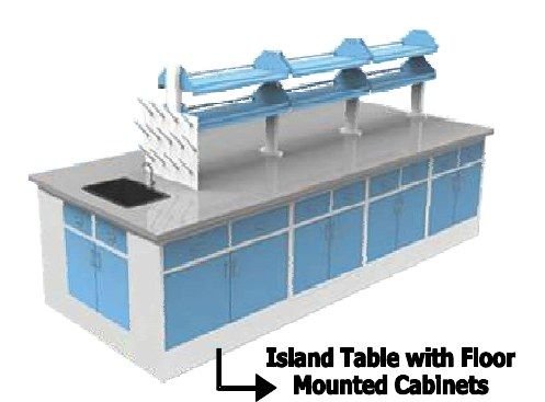 Island table with floor mounted cabinets