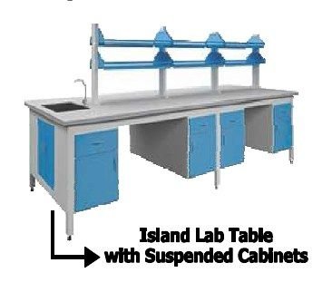 Island lab table with suspended cabinets