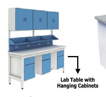 Lab table with hanging cabinets