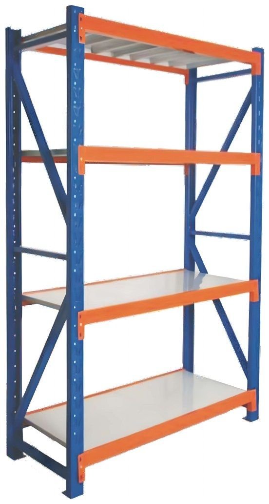An empty industrial warehouse with metal shelves organized in rows. The polished gray floor reflects the overhead fluorescent lighting. The shelves are sturdy, with yellow guards and identification labels. The environment appears clean and spacious.