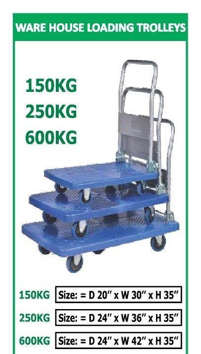 Stacked warehouse loading trolleys in 150, 250 and 600 kg capacities